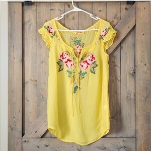 Johnny Was Yellow Embroidered Cap Sleeve Ruffle Top Sz S Boho Floral